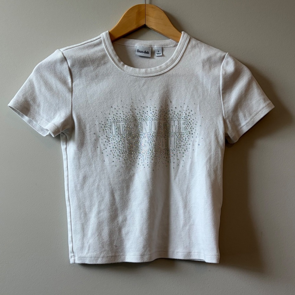 Sun-deh White Rhinestone Be Your Best You Baby Tee S Short Sleeve Cotton Blend